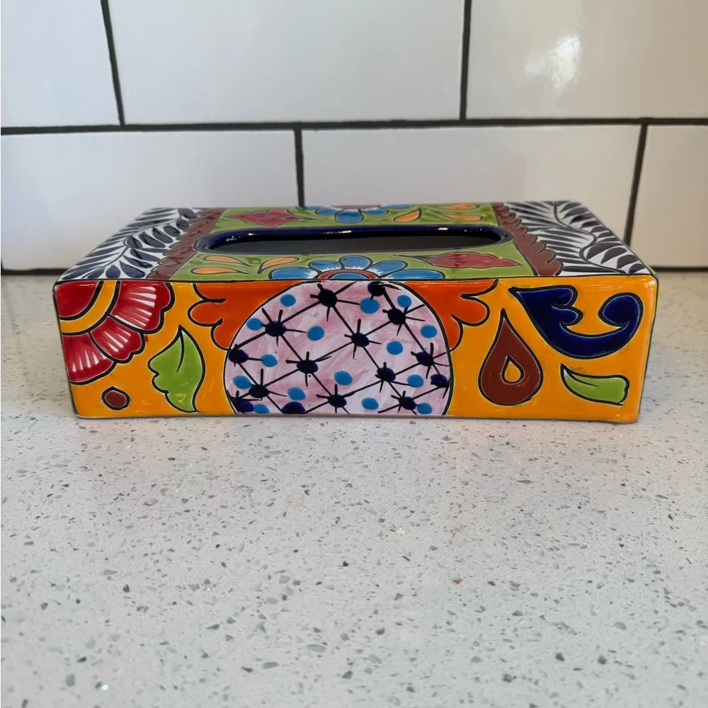 Hand-Painted Mexican Talavera Style Ceramic Tissue Box Cover | EUC
